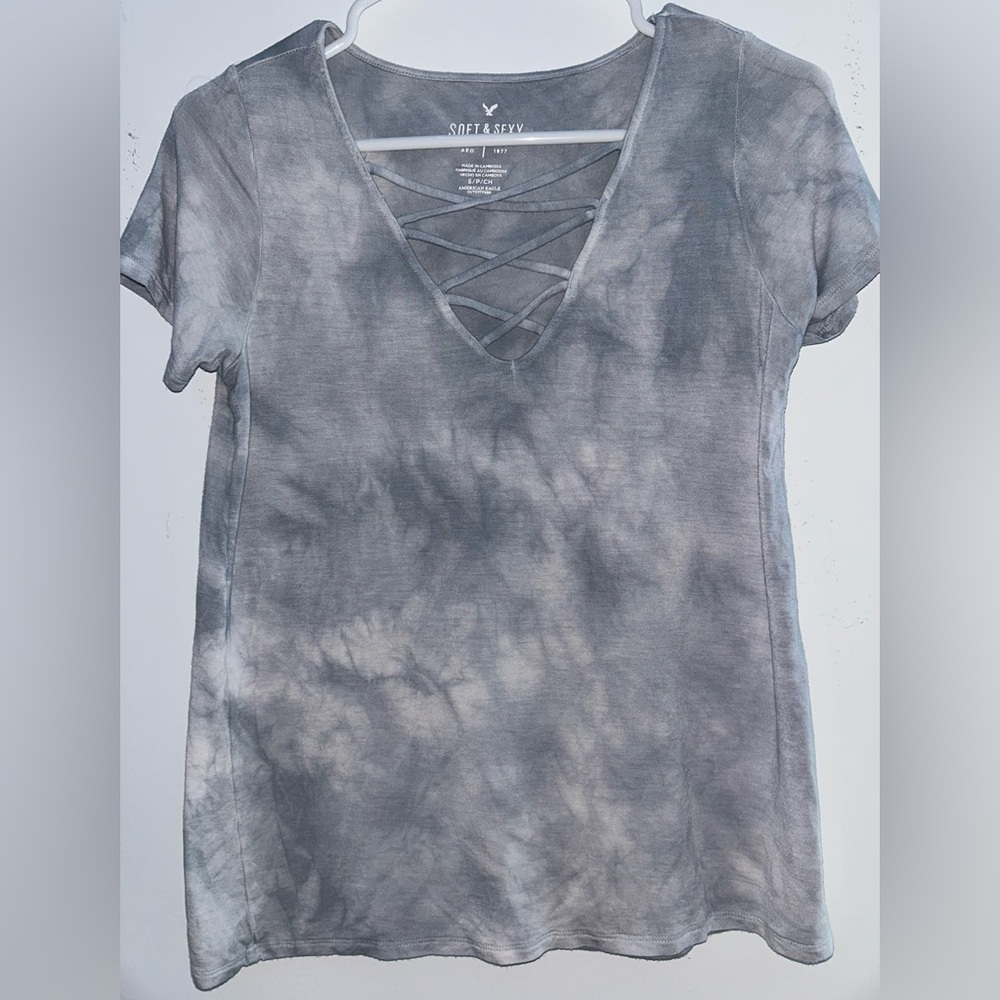 American Eagle lace up women’s size small blue and white short sleeve tee